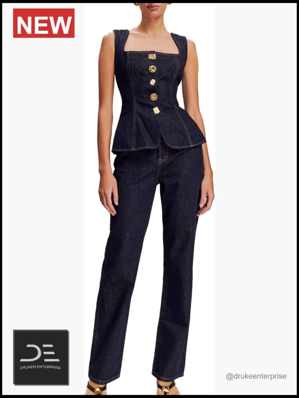 Two Piece Denim Set Button Down Vest and Straight Leg Jeans Pantsuit